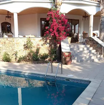 a swimming pool in front of a house with flowers at Aέναη in Pyrga