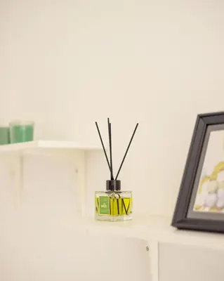 a vase with sticks in it sitting on a shelf at Stunning apartment with sea view in Larnaka