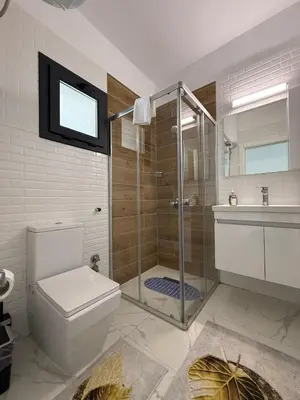 a bathroom with a shower and a toilet and a sink at Caesar Resort & SPA & Apartments Spacious Studio in Avgorou