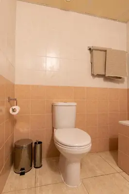 a bathroom with a white toilet and a tub at Cozy Apartment with Sea View in Larnaka