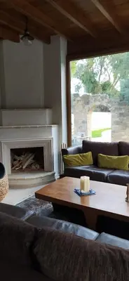 a living room with couches and a table and a fireplace at Stone Garden Oasis Cottage in Limassol