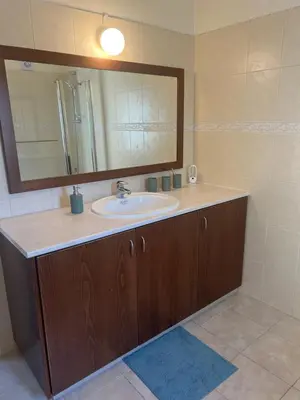 a bathroom with a sink and a mirror at Tranquil paradise in Aradhippou