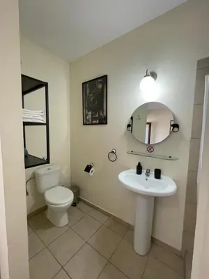a bathroom with a toilet and a sink and a mirror at Yard room with private entrance in Larnaka