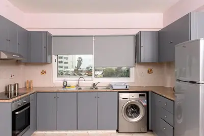 a kitchen with gray cabinets and a washer and dryer at Azura 3 Bedroom Apartment in Larnaka