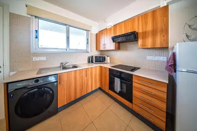 a kitchen with a washer and a sink and a dishwasher at Chromata Lagoon Sea View Apartment in Paralimni