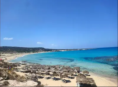 a beach with a bunch of umbrellas and the ocean at A peaceful apartment with sea views in Aglantzia