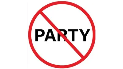 a red stop sign with the word party in it at Beachfront Luxury Apartment in Limassol