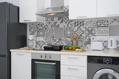 a kitchen with a stove and a dishwasher at Villa Brigita in Ayia Napa