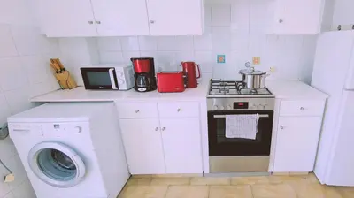 a kitchen with a stove and a washing machine at STAY Virtuoso Apartment in Nicosia