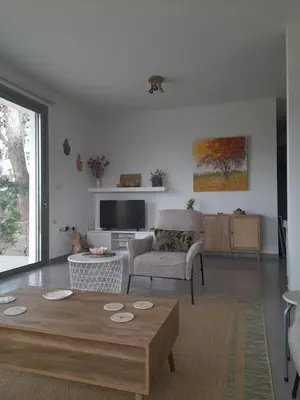 a living room with a couch and a coffee table at Olive & Pinetree House in Lythrodontas
