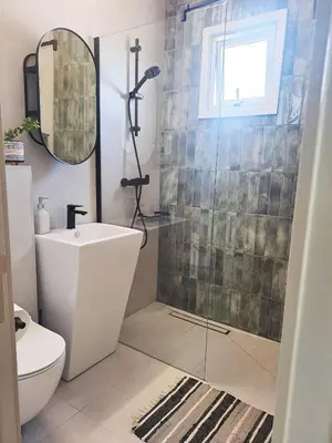 a bathroom with a shower and a toilet and a sink at Sea View Floral Suite - 2 bedroom in Larnaka