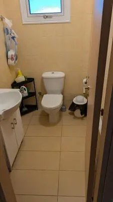 a bathroom with a toilet and a sink and a window at Pool flat near Ayia Napa in Sotira