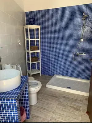 a bathroom with a toilet and a blue tiled wall at Elysian Villa in Larnaka