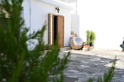 a white house with a door and some plants at ThemisHouse in Omodos