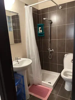 a bathroom with a shower and a sink and a toilet at Modern 2BR Appartment near Finikoudes beach - Larnaka in Larnaka