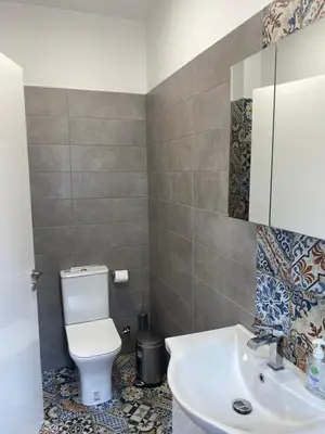 a bathroom with a white toilet and a sink at ToHaniMou - Kamara Medium Studio in Nicosia
