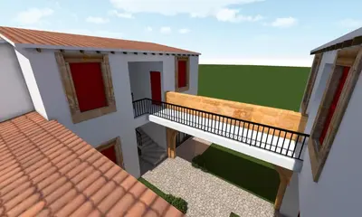 a rendering of a house with a bench at House of The Rose Queen in Dherinia