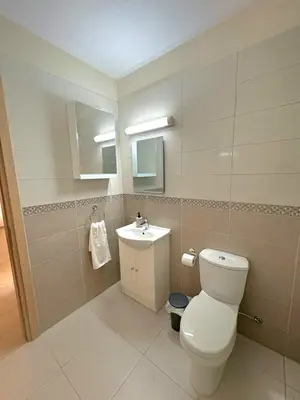 a bathroom with a toilet and a sink at Sunrise Palette Suites in Larnaka