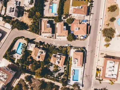 an overhead view of a row of houses at Nissi Maria Villa in Ayia Napa