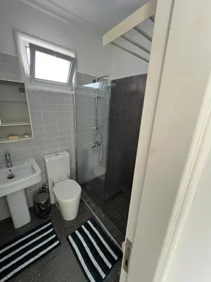 a bathroom with a shower and a toilet and a sink at Villa Large Garden&Outdoor Space in Lageia