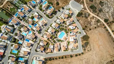 an aerial view of a city with houses at Villa Enaria Serene 3Bdr Retreat in Ayia Thekla in Ayia Napa