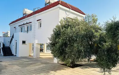 a white building with a tree in front of it at Teak Charm in Larnaka