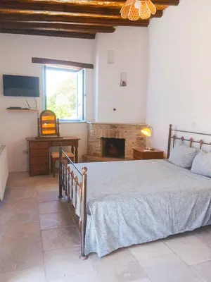 a bedroom with a bed and a fireplace at Hillside Cozy Apartment in Skarinou