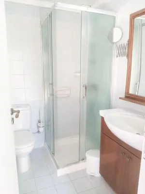 a bathroom with a shower and a toilet and a sink at Hillside Cozy Apartment in Skarinou
