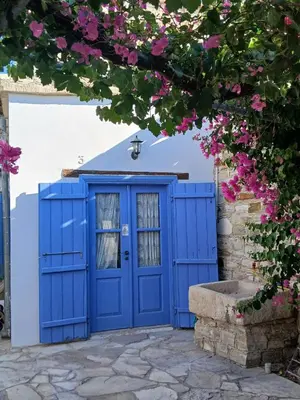 a blue door with flowers in front of a building at Hillside Cozy Apartment in Skarinou