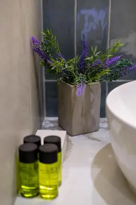 two bottles of oil on a bathroom counter with a vase of flowers at Artemis 103 - Seaside Stories in Livadhia