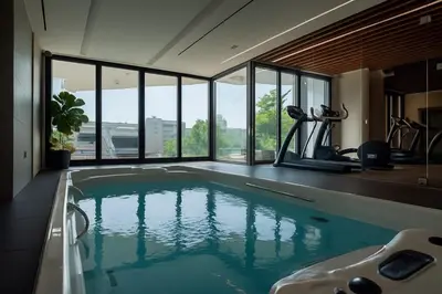 a large swimming pool in a room with windows at SkyHigh Park View Residence in Nicosia