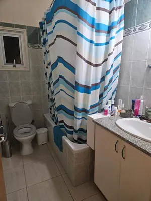 a bathroom with a toilet and a shower curtain at ισόγειο διαμέρισμα με αυλή στην περιοχή Κάππαρη κατάλληλο για οικογενεια in Paralimni
