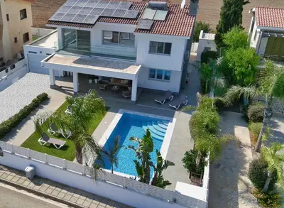 an aerial view of a house with a swimming pool at Villa Emilia in Ayia Napa