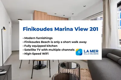 a sign in a room with a table and chairs at Finikoudes Marina View #201 in Larnaka