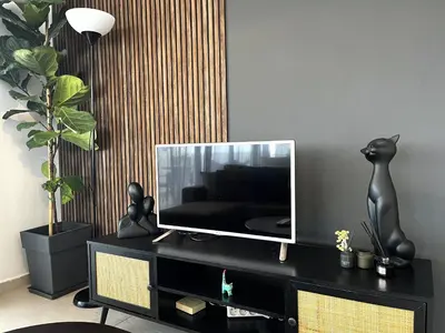 a tv on a black table with a cat on it at STAY Sealine Apartment in Larnaka