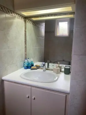 a bathroom with a white sink and a mirror at Konnos Villa in Protaras
