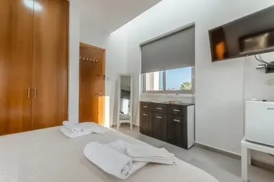 a bedroom with a bed with a sink and a mirror at Black Swan Villa in Pervolia