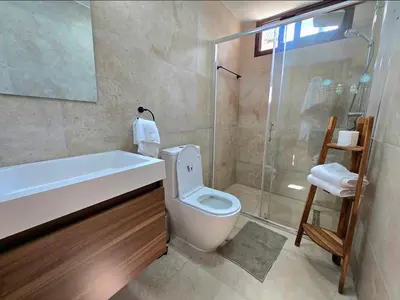 a bathroom with a tub and a toilet and a shower at Larnaca Villa in Sophtadhes