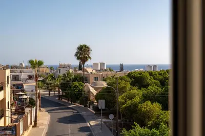 a view from a window of a city street at Seaview apartment newly renovated to high quality in Ayia Napa
