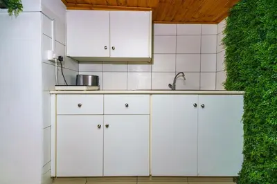 a kitchen with white cabinets and a green hedge at City Centre Studio Eleftheria Sq in Nicosia