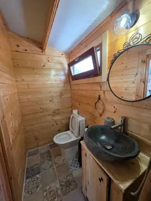 a wooden bathroom with a sink and a toilet at Kellaki Relaxation Cottage in Kellaki