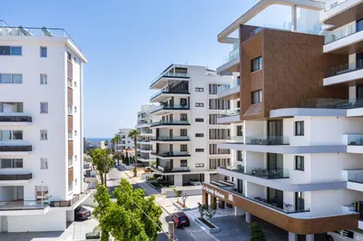 an aerial view of buildings in a city at Itero 2-Bedroom Luxury Apartment in Larnaka