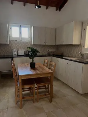 a kitchen with a wooden table with a potted plant on it at The Mansion By Penelope in Omodos