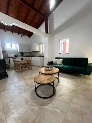 a living room with a green couch and a table at The Mansion By Penelope in Omodos
