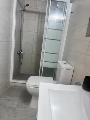 a bathroom with a shower and a toilet and a sink at Faneromeni 33 in Scala
