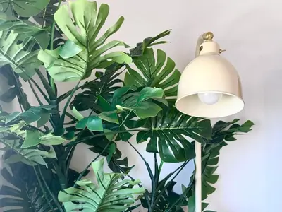 a lamp and a green plant next to a wall at Fresh & Cozy-close to the beach in Paralimni