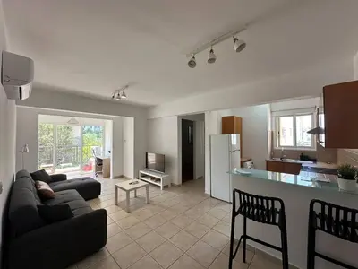 a living room with a couch and a kitchen at Spacious City Center - Suite 203 in Nicosia