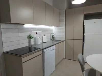 a kitchen with white appliances and a white refrigerator at Bird's Nest, close to EMU, in the city center in Dherinia