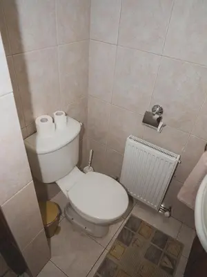 a bathroom with a toilet and two rolls of toilet paper at Revecca House in Ayios Mamas