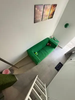 a green couch in the corner of a room at GREEN Cabin-Larnaca Centrum in Larnaka